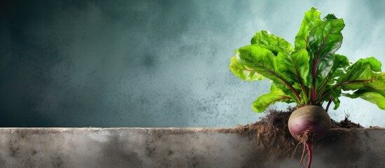 Poster - Agricultural scene with a large root beet plant and dense foliage displayed on a concrete surface with copy space