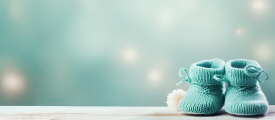 Poster - Copy space image of aquamarine background with knitted booties for newborn announcement concept accompanied by blank paper for text