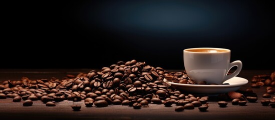 Poster - On the table there is a copy space image of a coffee cup accompanied by a pile of coffee beans
