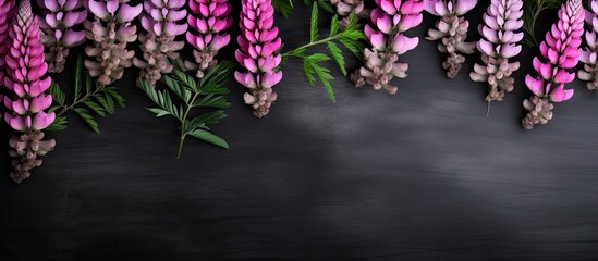 Aufkleber - The pink and purple lupine flowers create a border against a black concrete background providing copy space for an image