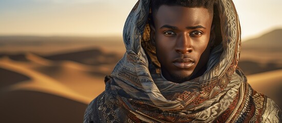 Poster - In the desert s expansive backdrop a stylish young African American man adorns himself with traditional ornaments creating a captivating wide angle fashion portrait Copy space image
