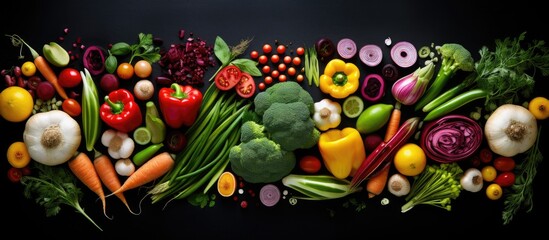 Poster - The image displays a top view of various fresh organic vegetables arranged on a black background creating a visually appealing and healthy vegetarian cuisine concept It also features copy space for ad