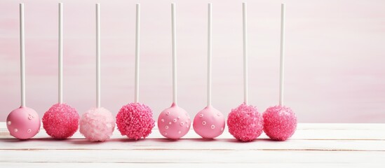Poster - A pink cake pops displayed on a white wooden background providing copy space for additional elements