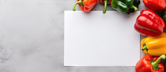 Poster - A copy space image of fresh bell peppers and a blank paper sheet is seen on a grey surface with a top view of a human hand