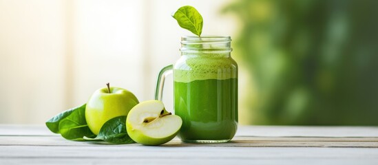 Aufkleber - A detox green smoothie containing apple spinach and lime is displayed in a Mason jar on a white wooden table The image represents the concept of superfood and healthy eating. with copy space image
