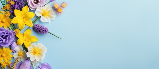 Poster - A flat lay of yellow and purple flowers on a pastel blue background creates a charming spring and Easter themed composition with a top down view and plenty of copy space for customization