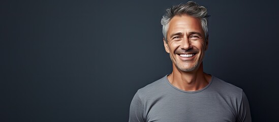 Poster - A middle aged man with a relaxed and attractive smile poses confidently in front of a grey studio backdrop leaving room for text or other images. with copy space image