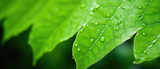 Poster - A close up image showcasing a vibrant green leaf in a garden offering ample copy space surrounding the leaf