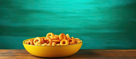 Poster - Colorful background with a wooden bowl filled with puff corn rings perfect for snacking while watching movies Plenty of copy space for text or images