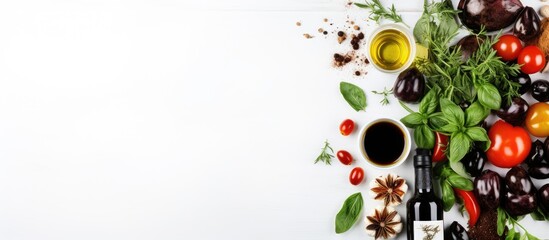 A flat lay of organic balsamic vinegar and cooking ingredients on a white table with copy space for text