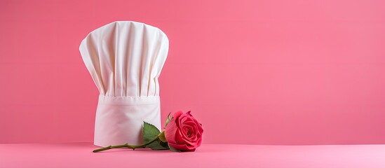 Poster - A pink rose adorned chef s toque stands alone on a pink background leaving empty space for imaging. with copy space image. Place for adding text or design