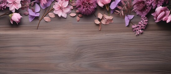 Poster - A flat lay image showcases dried pink and purple flowers arranged on a copy space background of gray wooden surface as seen from a top down view