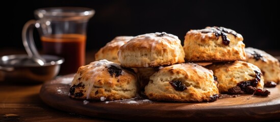 Poster - Delicious scones made with soda water and chocolate paste placed on a wooden table leaving room for adding text. with copy space image. Place for adding text or design