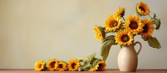 Poster - Kitchen arrangement with a captivating vase featuring vibrant sunflowers offering a copy space image
