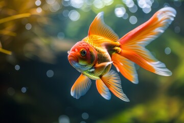 Serenity in the tank. Goldfish enjoying background of aquatic plants