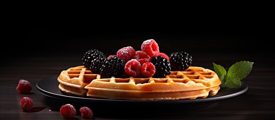 Poster - A black plate showcasing a copy space image of classic Belgian waffles