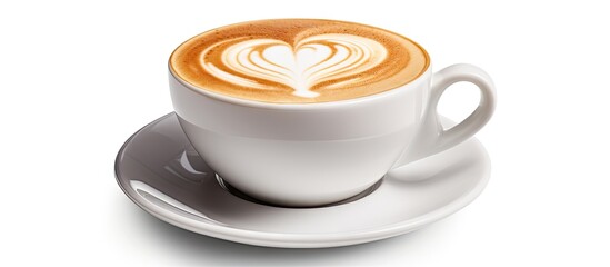 Poster - Isolated on white there is a cappuccino with a heart shape The image includes copy space with a clipping path