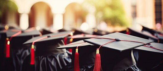 Leinwandbilder - A close up image of graduation hats worn by successful university graduates during a commencement ceremony with a congratulatory educational theme Copy space for banners