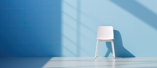 Poster - The impressive white chair with a blue chair falling nearby stands out in the minimal concept copy space image against the blue floor and background