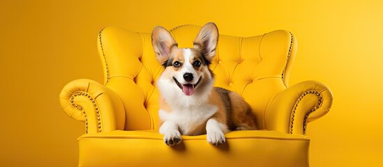 Poster - A popular dog breed the adorable Welsh Corgi Pembroke can be seen lying on a royal chair in a studio with a yellow background. with copy space image. Place for adding text or design
