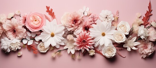 Poster - A colorful arrangement of pink and white flowers creates a lovely frame for a background decoration with delicate leaves surrounding the flowers 178 characters. with copy space image