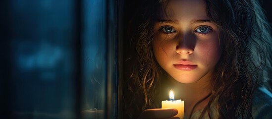 Poster - A melancholic young girl gazes out the window her eyes reflecting sadness while holding a candle This image would be perfect for a book cover. with copy space image. Place for adding text or design