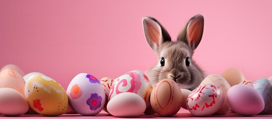 Aufkleber - An Easter themed decorative shell featuring colorful eggs and a bunny set against a pink background providing ample copy space for an image