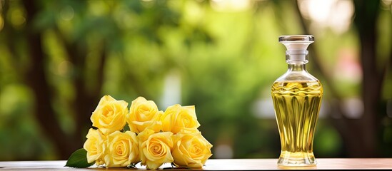 Aufkleber - A bouquet of yellow roses and a bottle of perfume on a table outdoors with a copy space image