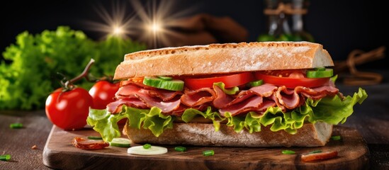 Poster - A breakfast and lunch concept is portrayed in the copy space image of a delicious and nutritious bread sandwich with ham lettuce and dried tomato on a table The flat lay background enhances the visua