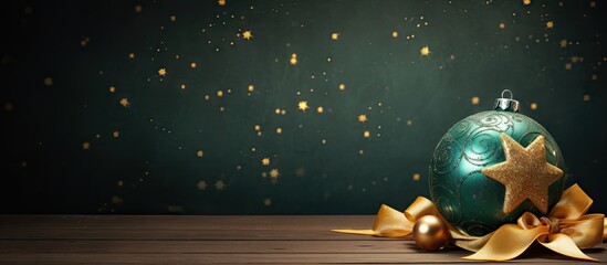 Aufkleber - A festive Christmas arrangement showcasing a green bauble adorned with a gold ribbon fresh holly and a hanging gold star with ample copy space