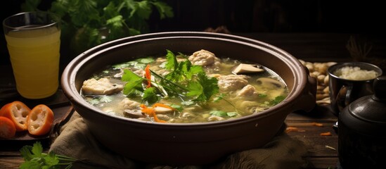 Poster - A healthy homemade soup image featuring Chinese cooking medical herbs and chicken. with copy space image. Place for adding text or design