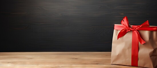 Poster - A decorative gift neatly wrapped in red ribbon sits on a wooden table alongside a spacious paper bag A gray background provides a perfect space for a logo or design
