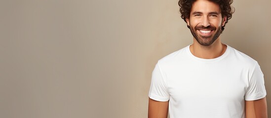 Poster - Copy space image of a stylish man smiling close up on a beige background wearing a fashionable white t shirt