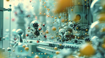 A nanoscale laboratory visualizing Nanotechnology, with tiny robots and structures manipulating matter at the atomic level