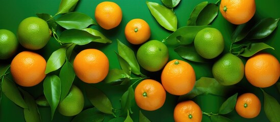 Poster - A top view of organic tangerines arranged on a green background suitable for a copy space image