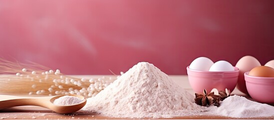 Poster - Cooking baking ingredients including flour egg and sugar are displayed on a pink background along with a rolling pin The image captures the essence of dessert and sweet food preparation Copy space ima