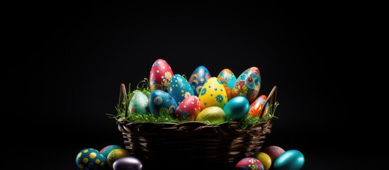 Aufkleber - The Easter basket filled with colorful eggs and bunny ears is captured in a close up shot against a white background providing ample copy space