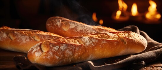 Aufkleber - Freshly baked baguettes with a rustic crust and air filled interior perfect for sandwiches or served warm with butter Ideal for a copy space image