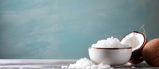 Aufkleber - A bowl of coconut flakes is placed on a light background There is copy space available in the image