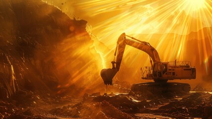 an oil drilling machine working with an excavator helping to dig with sunlight. full resolution