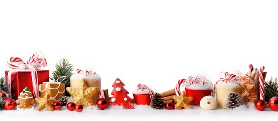 Poster - Festive decorations candies and gift boxes arranged on a white background with copy space for text design representing the concept of Christmas and New Year celebration traditions