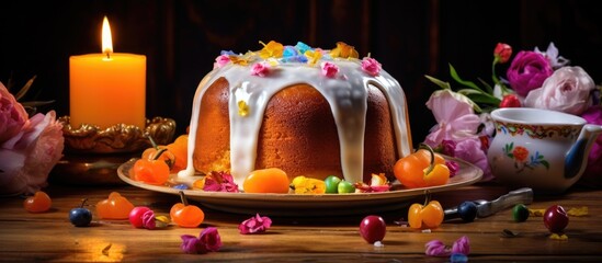 Poster - A plate on a wooden table showcases a traditional Easter cake known as kulich The sweet bread is adorned with vibrant candies flowers and candles leaving plenty of space for copy