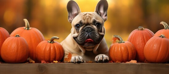 Wall Mural - Autumn park featuring a delightful French bulldog surrounded by pumpkins perfect for designing a banner with copy space image