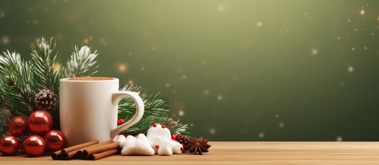 Aufkleber - A cozy Christmas and New Year holiday concept captured in a copy space image featuring a steaming cup of hot chocolate adorned with marshmallows cinnamon sticks and spruce branches