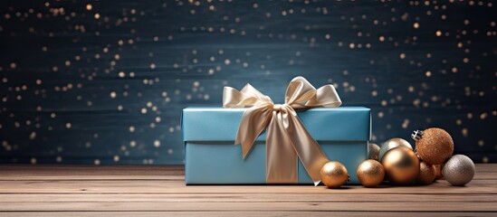 Poster - Copy space image of a beautifully wrapped blue Christmas gift adorned with a festive ribbon Christmas balls and wooden word Happy