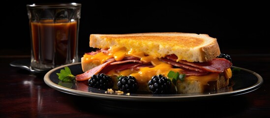 Poster - A delightful combination of cheddar cheese omelet fried jalapeno bologna and zesty blackberry jam on toasted french bread awaits you Enjoy this scrumptious dish with a copy space image