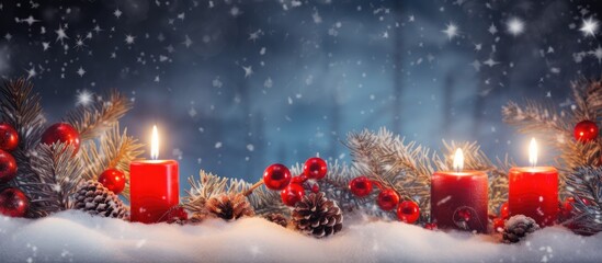 Poster - A festive Christmas background with red decorations burning candles berries and snow covered fir branches Perfect for the holiday season Copy space image