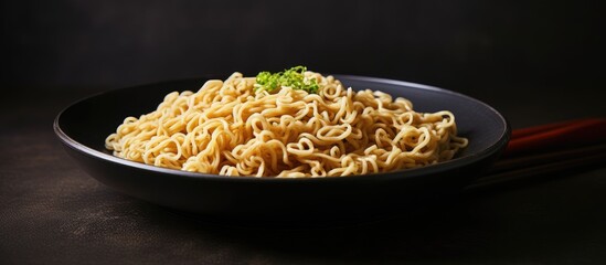 Aufkleber - A close up image of uncooked instant noodles placed on a gray plate providing ample space for text or captions