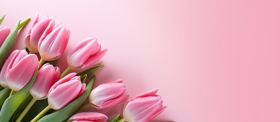 Poster - A horizontal copy space image of pink tulips arranged in a flat lay on a pink background The image features festive lights bokeh giving it a festive and celebratory feel It can be used as a backgroun