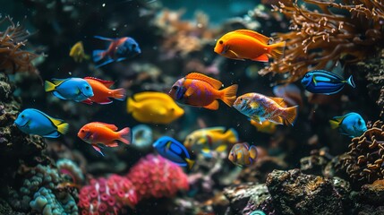 Colorful tropical fish swimming in coral reef, vibrant underwater scene